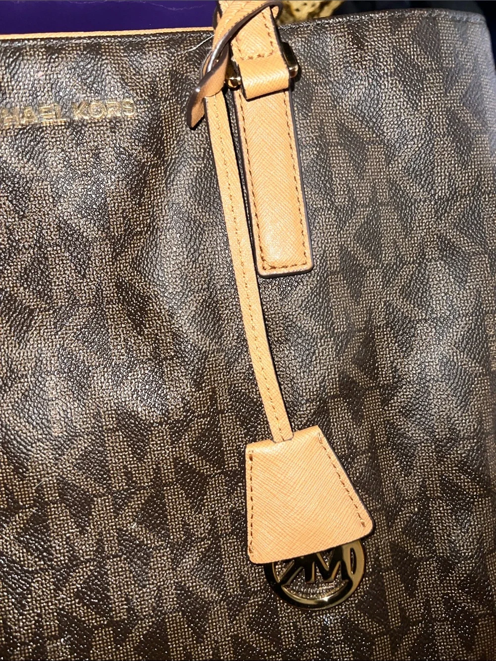 Michael Kors Brown MK Logo Monogram Tote with Tan Leather Handles
